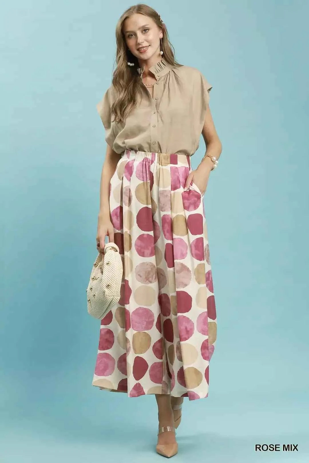 Rose Mix Dot Print Wide Leg Pants with Pockets by Umgee