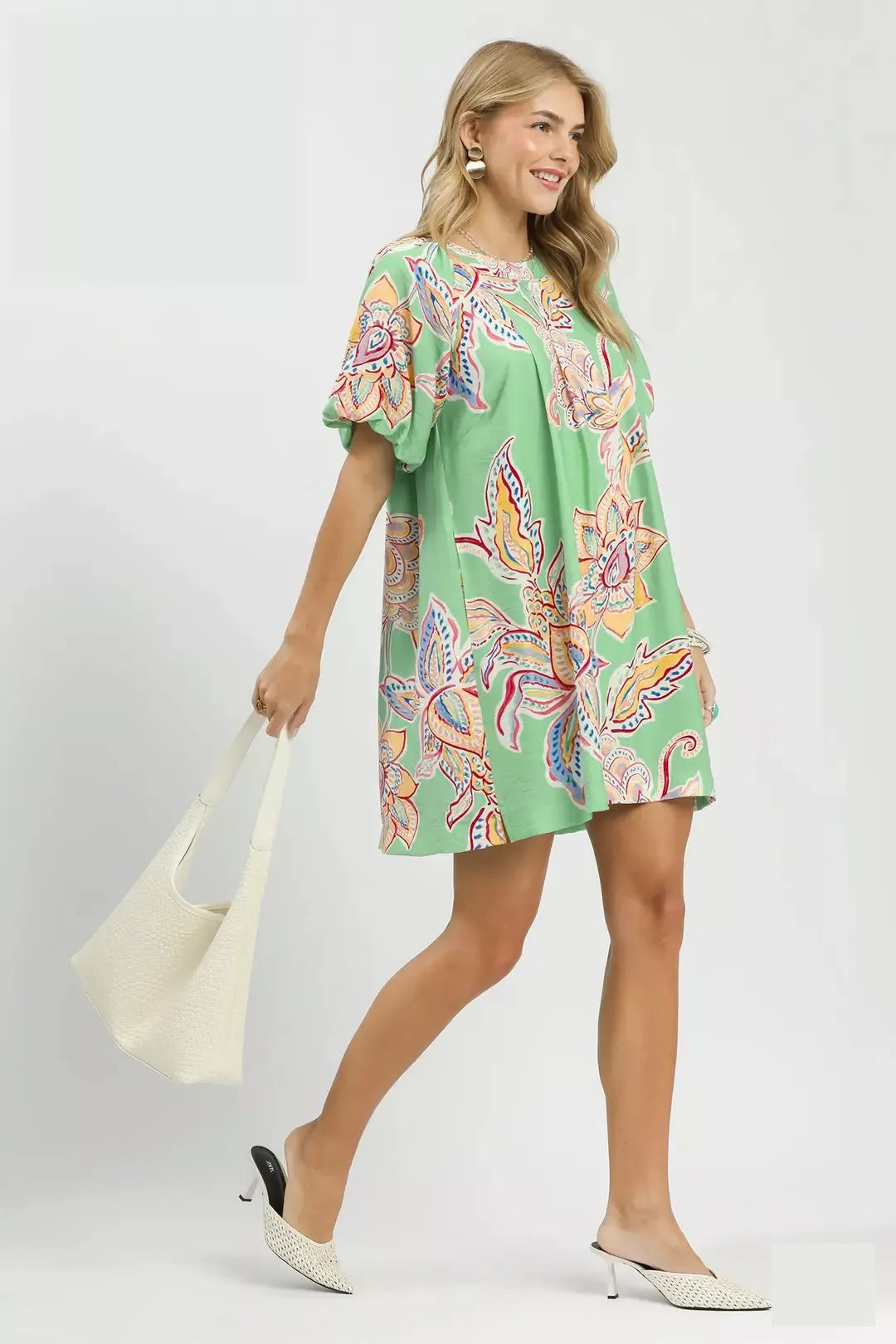 Sage Boho Floral Print Mini Dress with Pockets by Umgee Side View