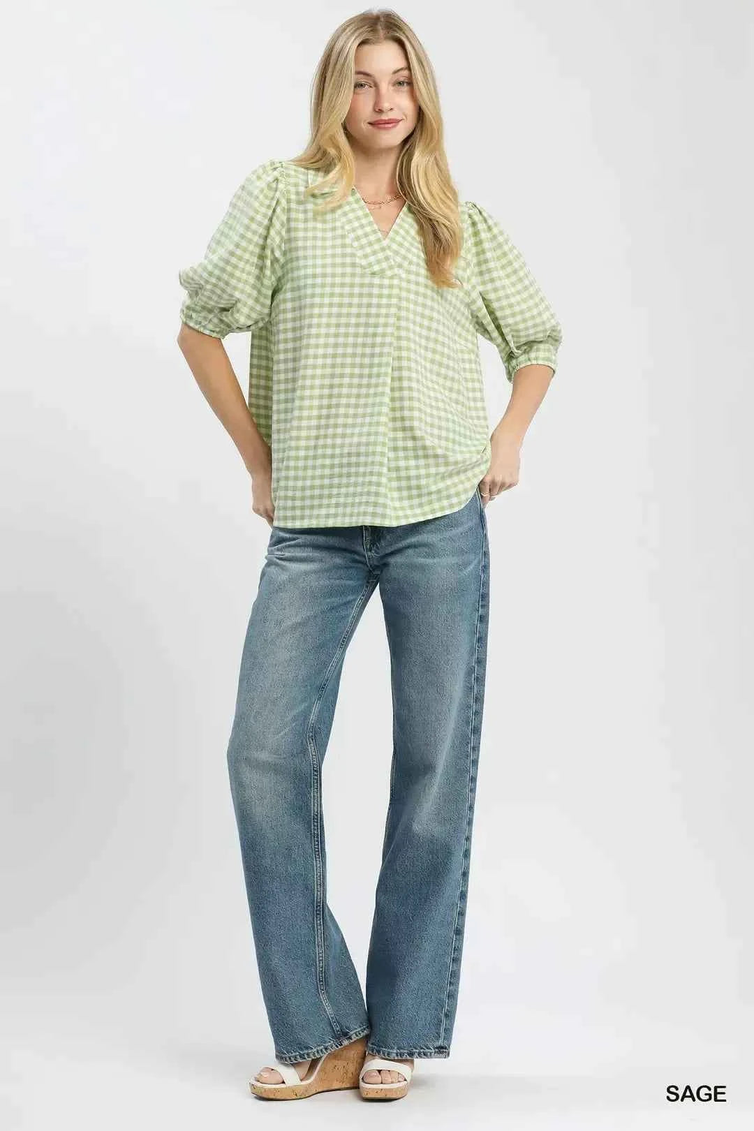 Sage Gingham Puff Sleeve Collared Blouse by Umgee