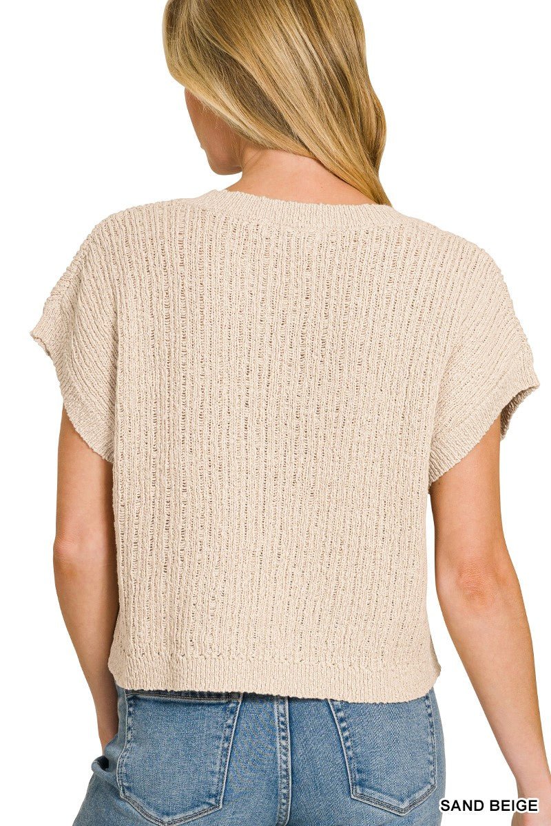 Sand Beige Textured Knit V-Neck Cropped Sweater by Zenana Back view
