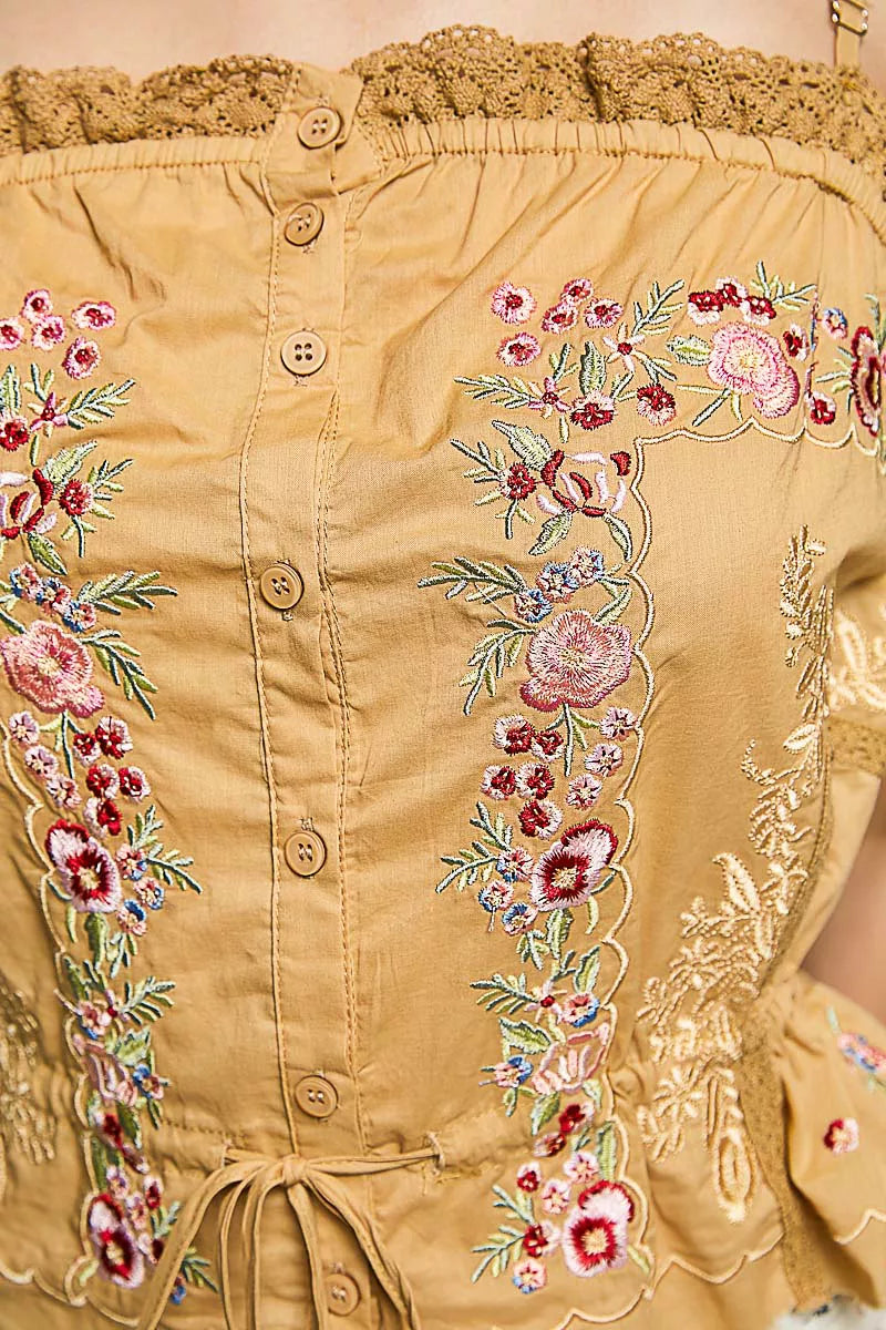 Sand Clay Button Down Floral Embroidered Cropped Cami with Lace Detail by POL Close View