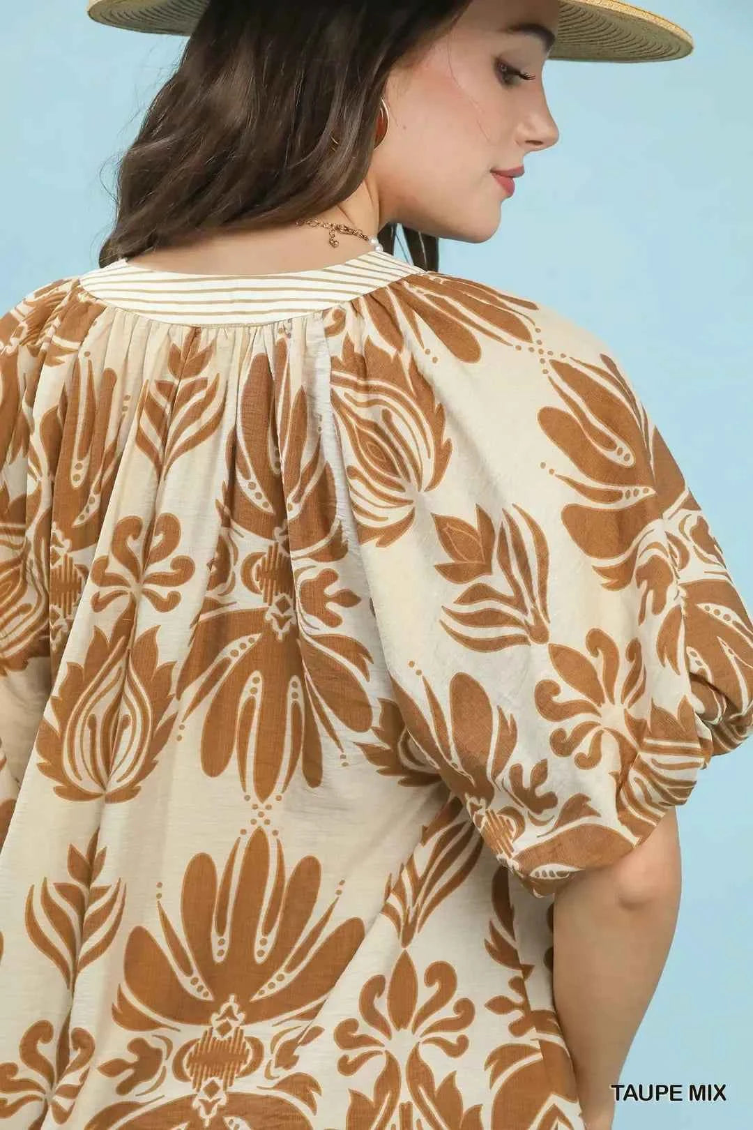 Taupe Mix Printed Puff Sleeve Top with Contrast Trim by Umgee Close View
