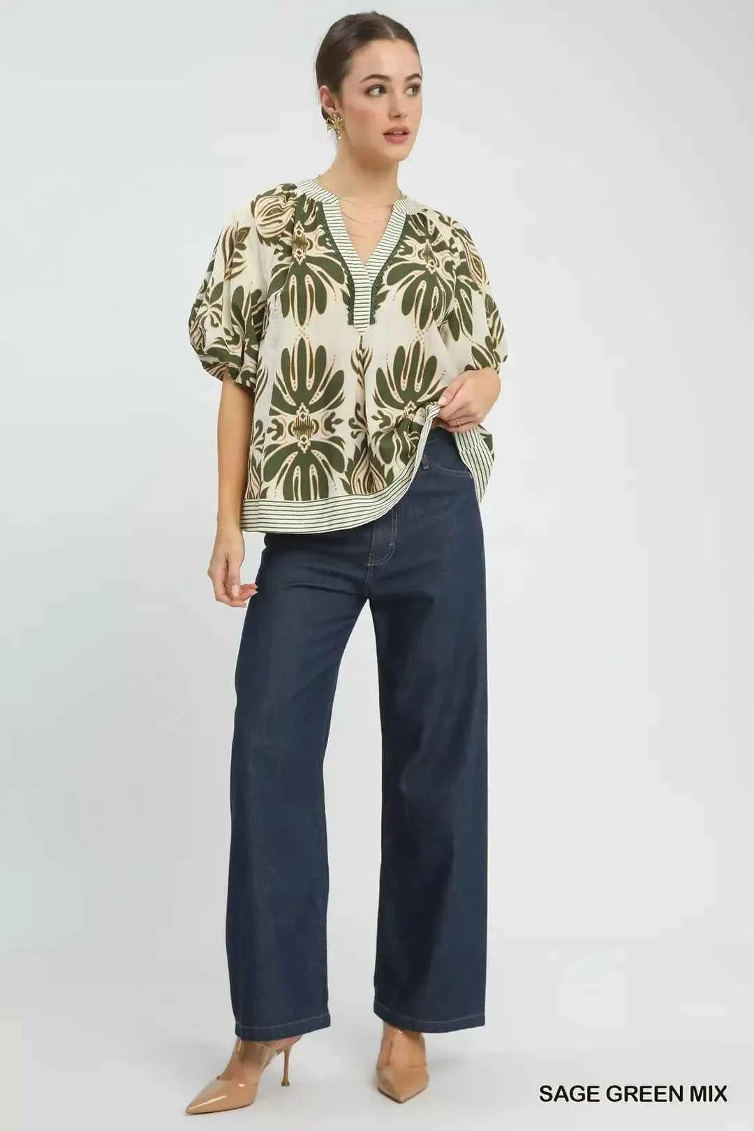 Umgee Sage Green Mix Printed Puff Sleeve Top with Contrast Trim Full View