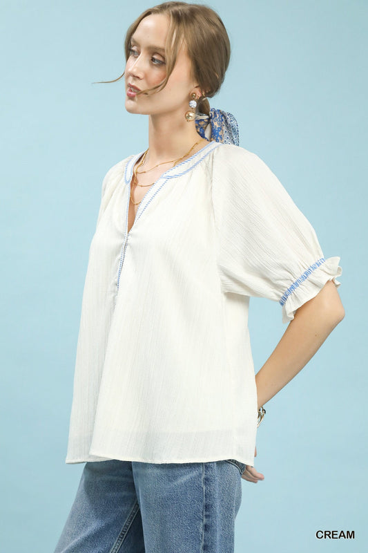 Umgee Textured Split Neck Puff Sleeve Top Side View