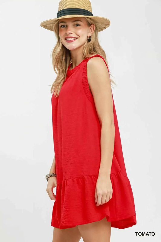 Tomato Red Ruffle Trim Sleeveless Swing Mini Dress with Pockets by Umgee
