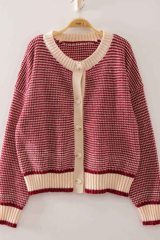 VERY J red and cream textured knit cardigan with button front