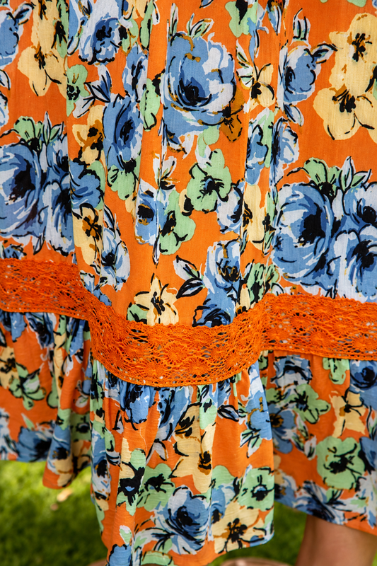 VOY floral rayon gauze maxi dress with smocked tube top and versatile front or back tie close view
