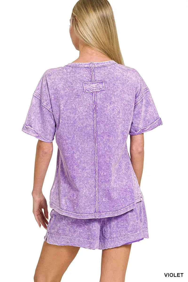 Violet Halo Snow Washed Exposed Seam Top & Shorts Set by Zenana Back View