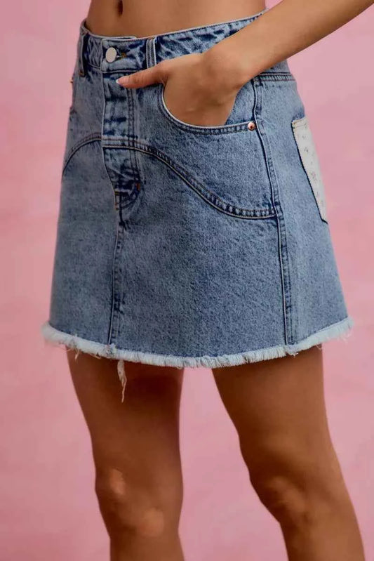 Washed Denim Floral Contrast Pockets Mini Skirt by So Me