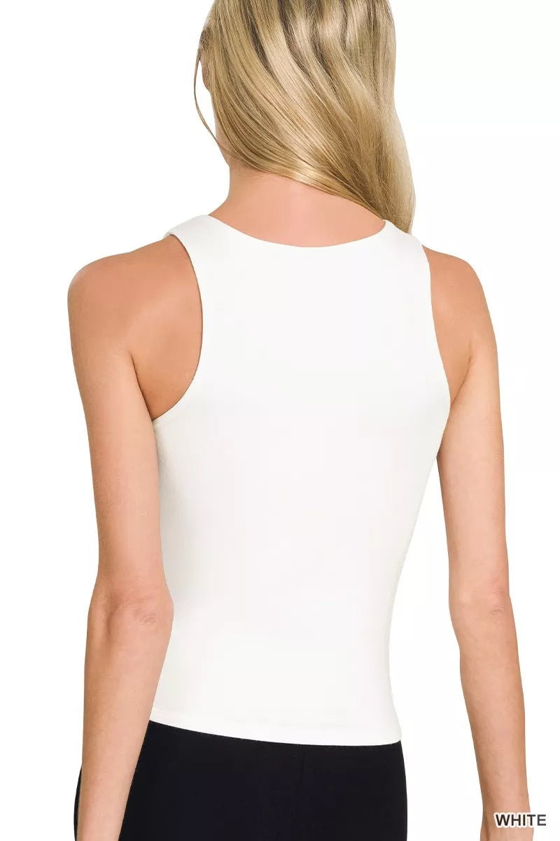 White Premium Rayon Double Layered Round Neck Tank Top by Zenana Back View