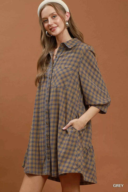 Grey Plaid Button Front Oversized Shirt Dress with Pockets by Umgee