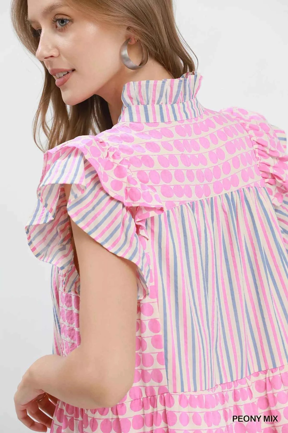 Peony Pink Patchwork Flutter Sleeve Tiered Dress by Umgee