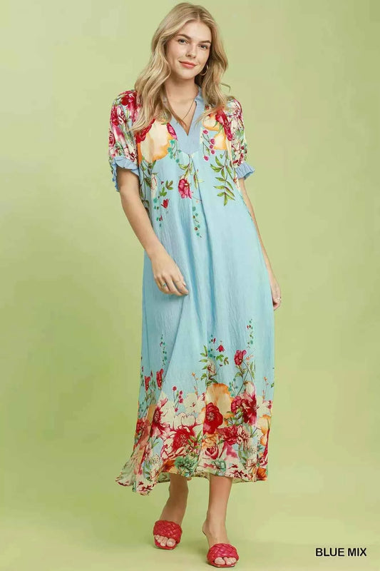 Blue Mix Floral Border Print Belted Midi Dress with Pockets by Umgee