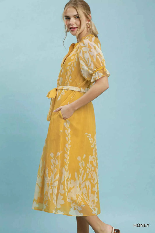 Honey Floral Print Tie Waist Midi Dress with Side Pockets by Umgee