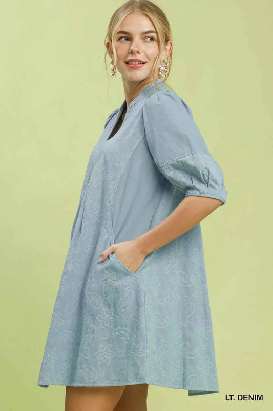 Light Denim Paisley Print Puff Sleeve Dress with Pockets by Umgee