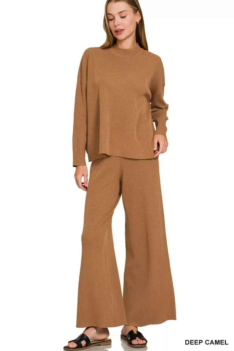 Woman wearing a Deep Camel ribbed viscose two-piece lounge set with a relaxed sweater top and wide-leg pants by Zenana. front view
