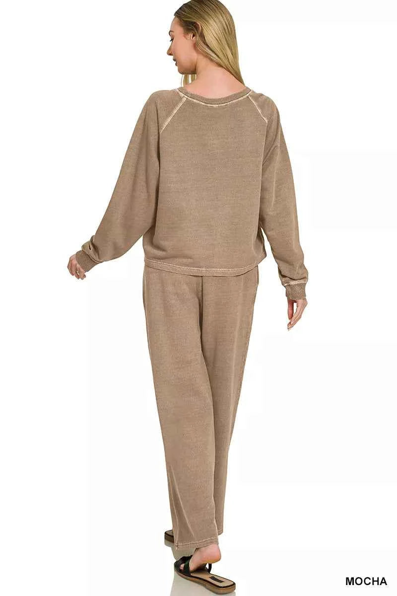 Mocha Washed French Terry Round Neck Pullover & Pants Set by Zenana