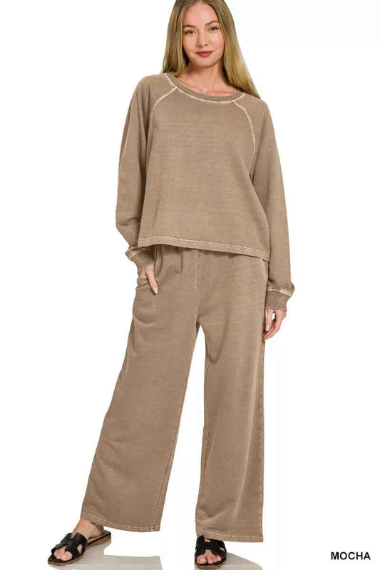 Mocha Washed French Terry Round Neck Pullover & Pants Set by Zenana