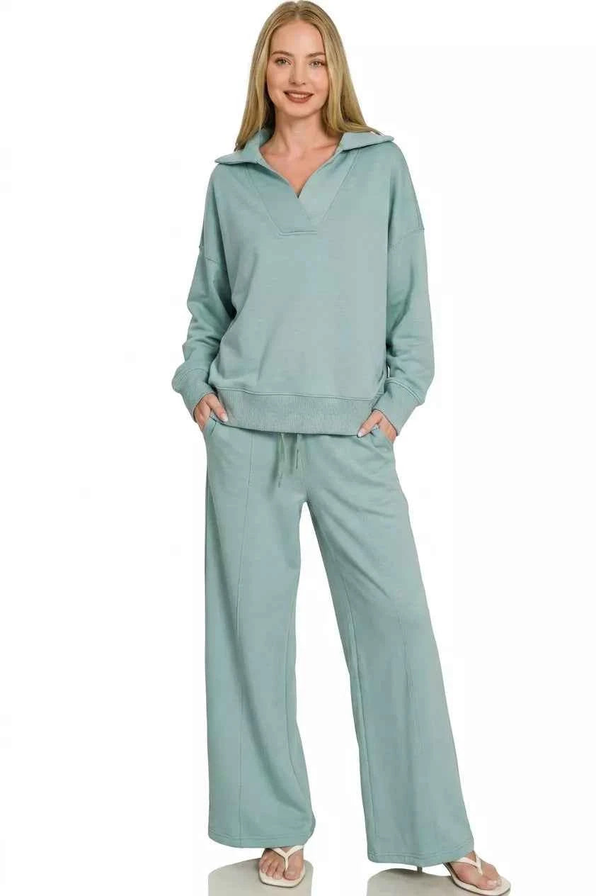 Blue Grey Scuba Collared Pullover & Center Seam Pants Set by Zenana