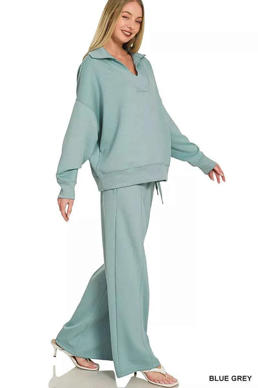Blue Grey Scuba Collared Pullover & Center Seam Pants Set by Zenana