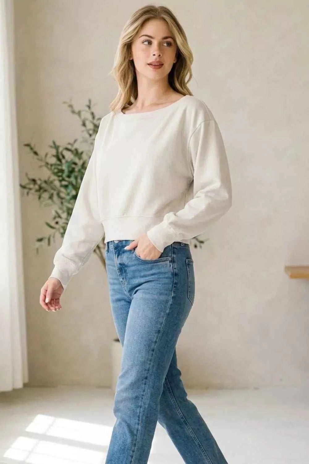 Bone Scuba Cropped Boat Neck Pullover Sweatshirts by Zenana