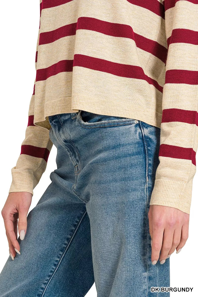 Woman wearing a burgundy striped lightweight wool blend crew neck sweater by Zenana. Close View 2