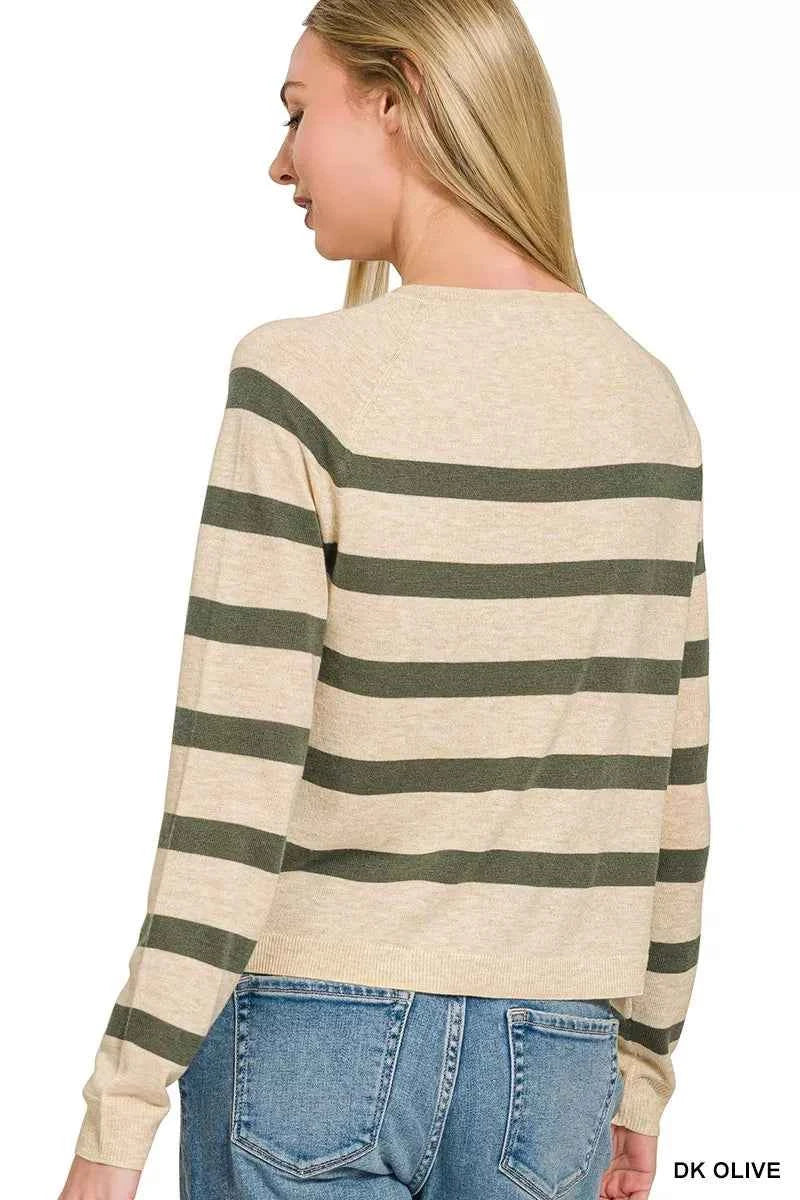 Dark Olive Lightweight Wool Blend Striped Round Neck Sweater by Zenana