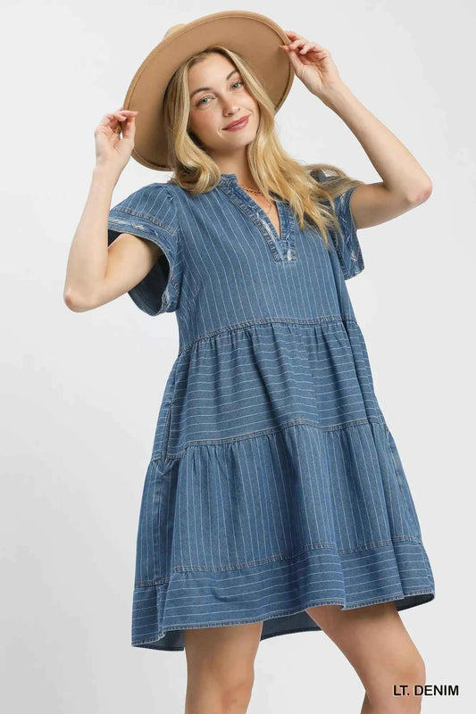 Light Denim Pinstripe Chambray Tiered Babydoll Dress with Pockets by Umgee