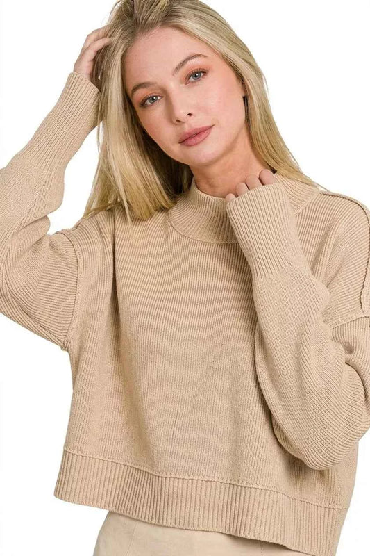 Light Mocha Side Slit Oversized Cropped Sweater by Zenana