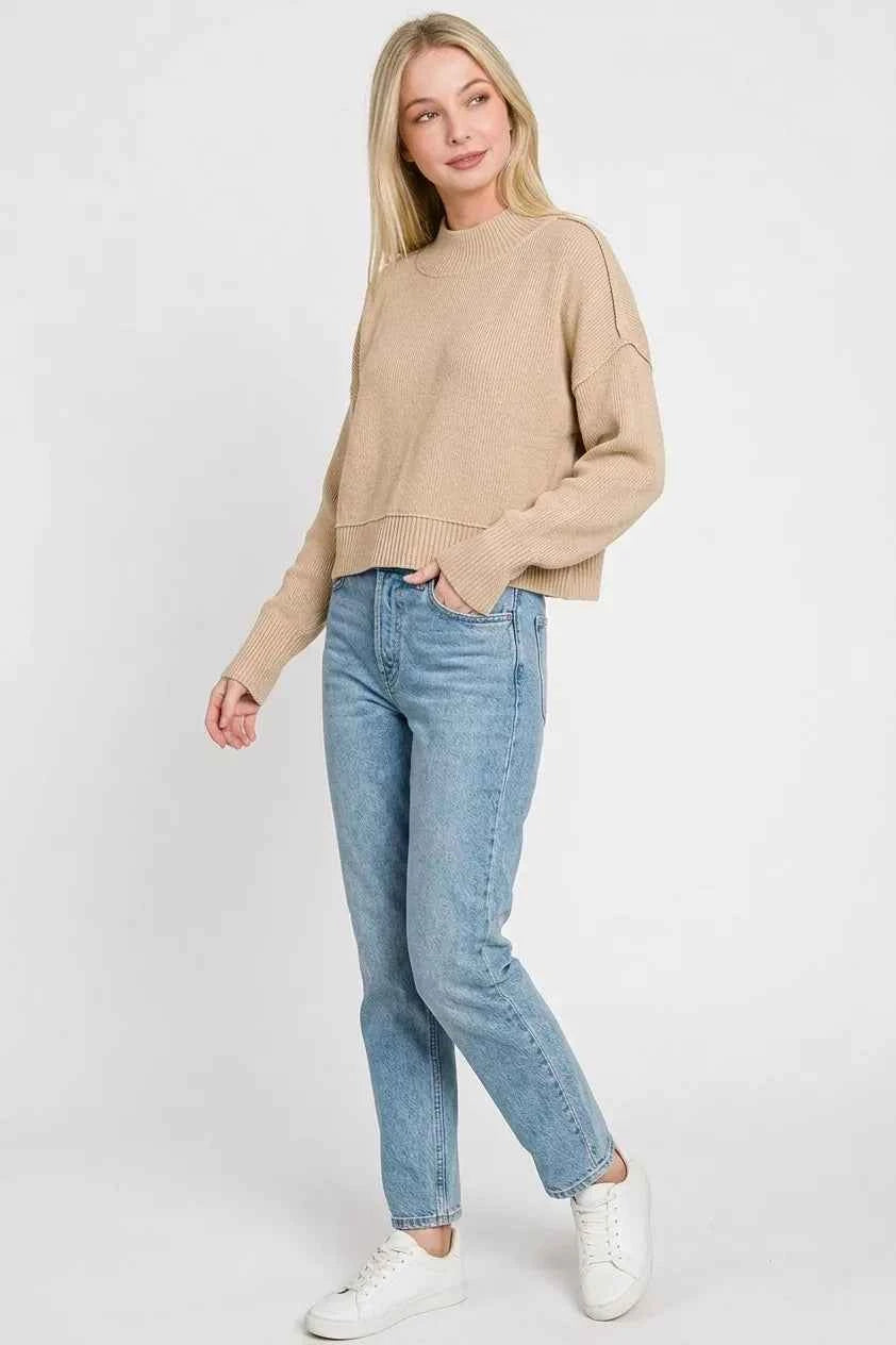 Light Mocha Side Slit Oversized Cropped Sweater by Zenana