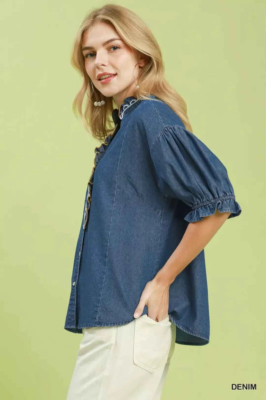 mgeeDenim Scalloped Trim Chambray Button Front Blouse