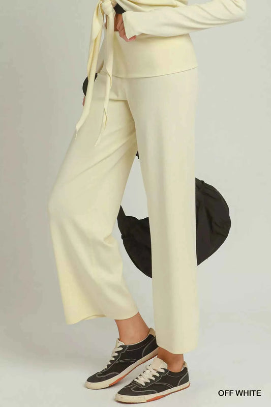 Off White Cotton Viscose Folded Waistband Straight Leg Pants by Umgee