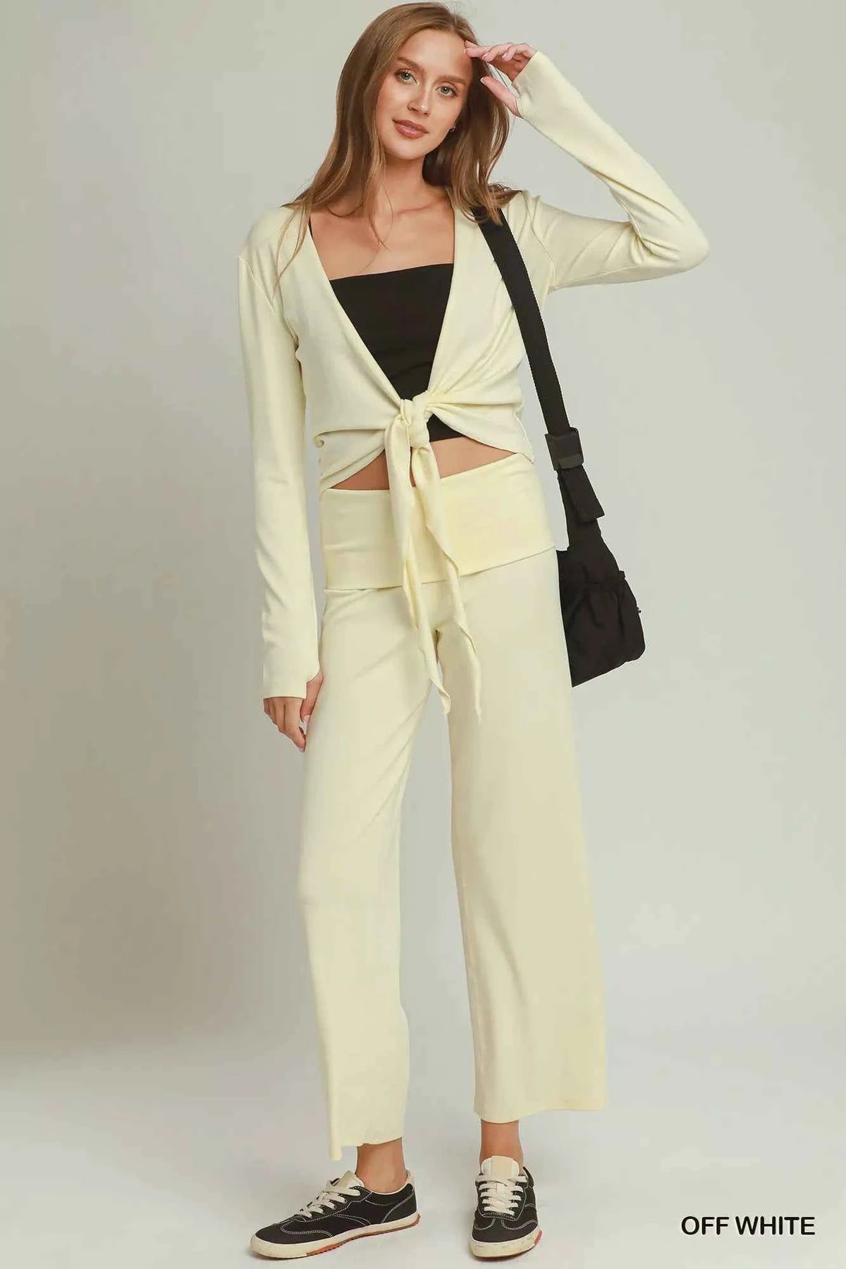 Off White Cotton Viscose Folded Waistband Straight Leg Pants by Umgee