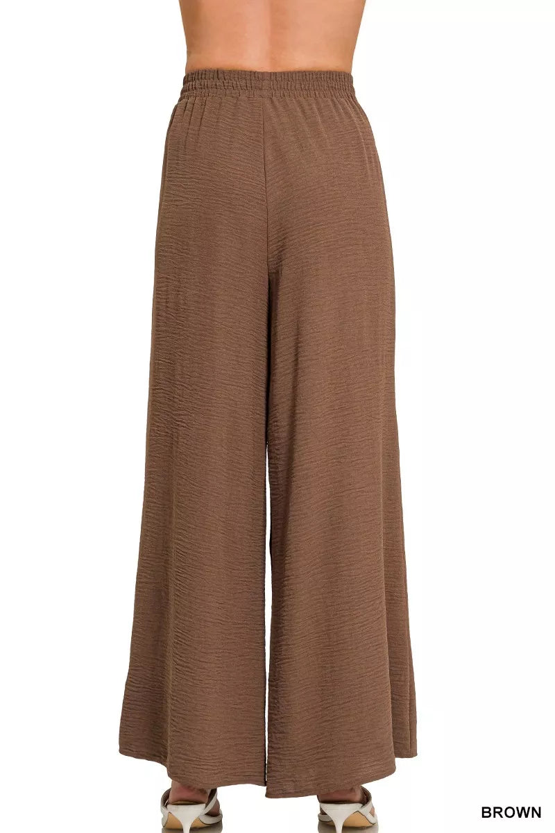 Zenana Brown Woven Airflow Elastic Waistband Pants Back View
