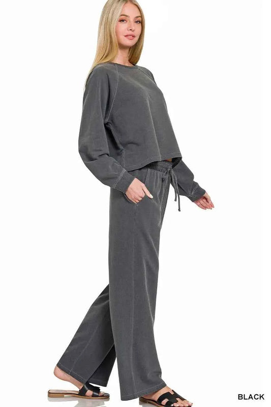 Black Washed French Terry Pullover & Pants Set with Pockets by Zenana
