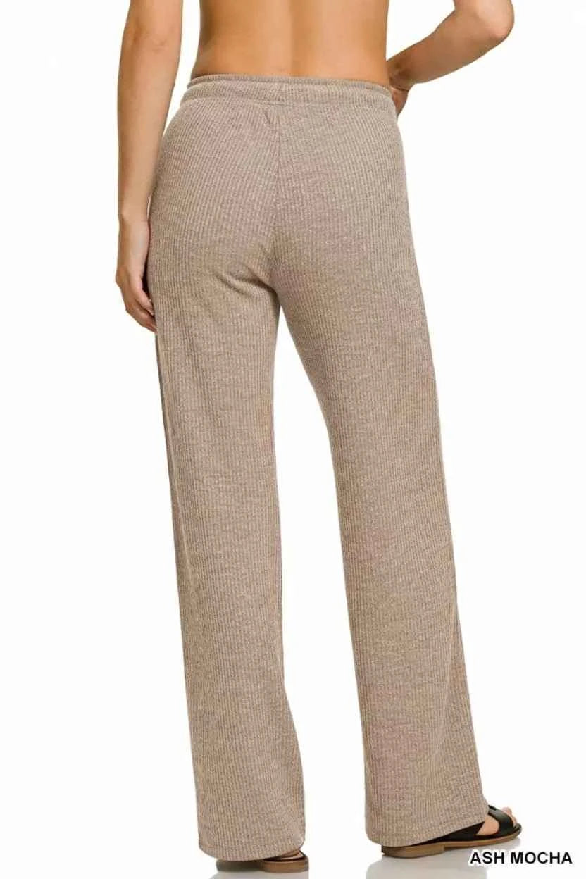 Ash Mocha Ribbed Drawstring Lounge Pants with Pockets by Zenana