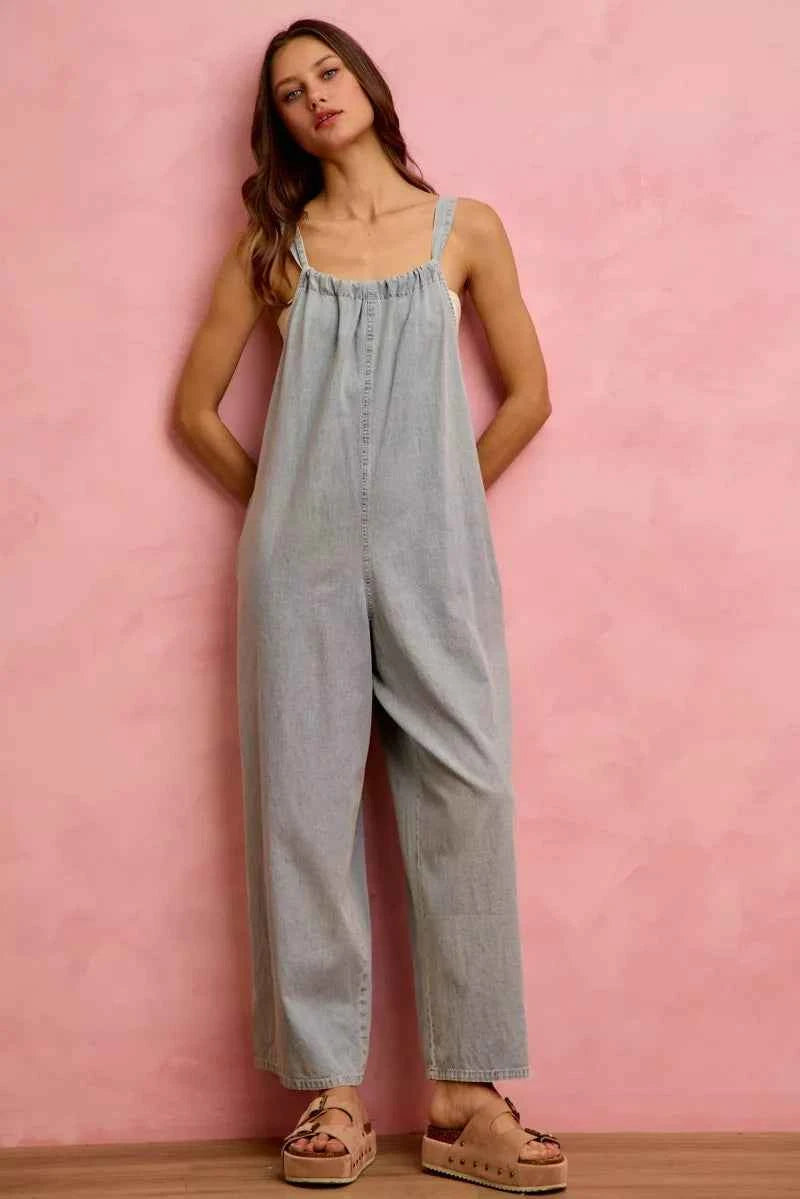 SO ME Wide Leg Lightweight Denim Overalls