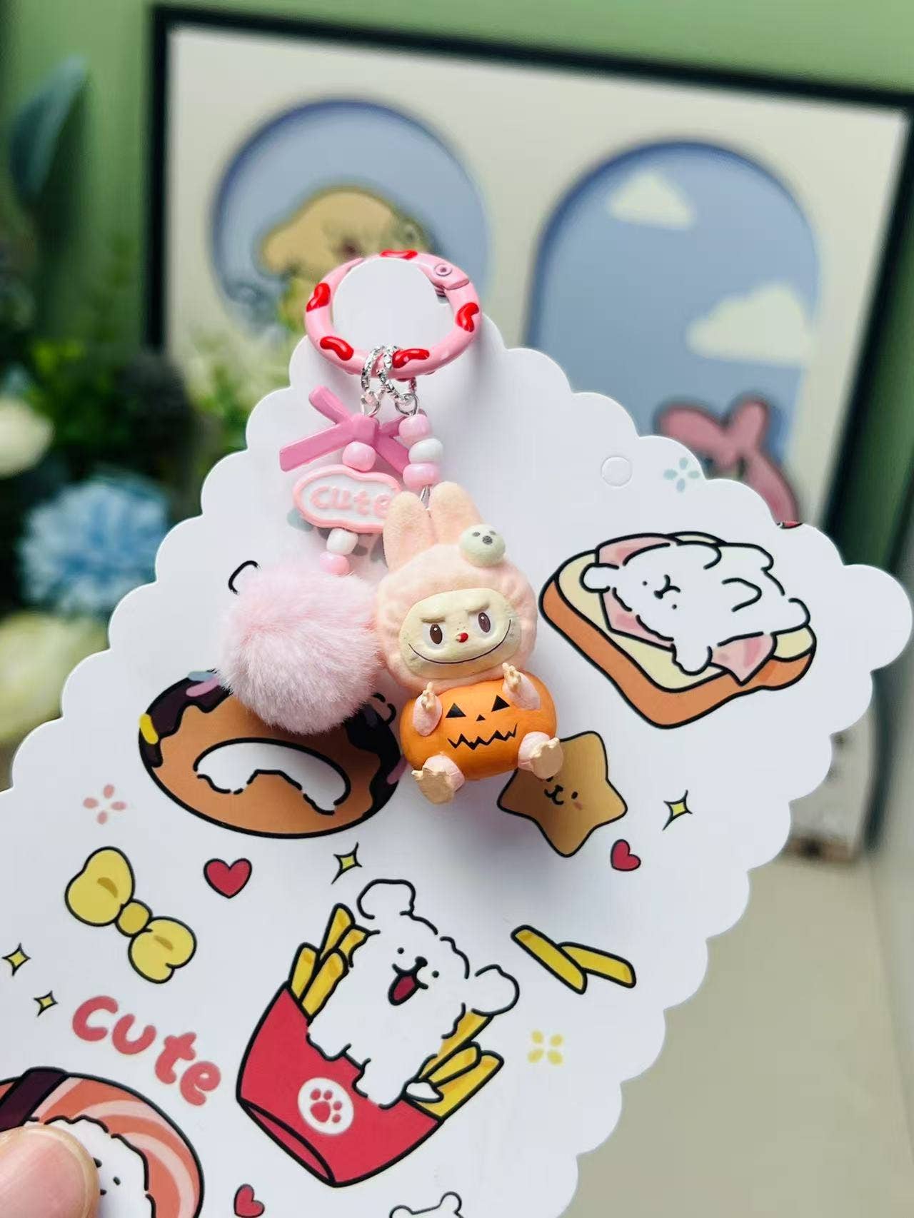 Halloween pumpkin labubu keychain bag pendant: Black flocking