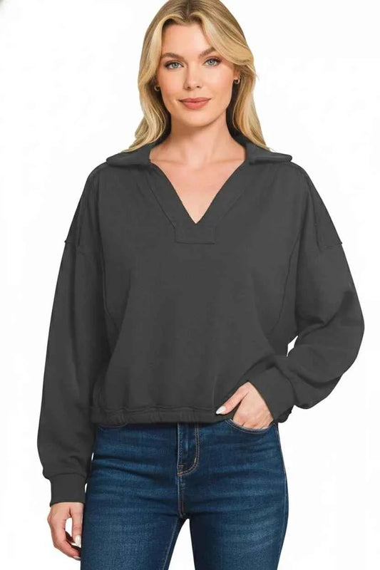Black French Terry Collared Exposed Seam Sweatshirt by Zenana