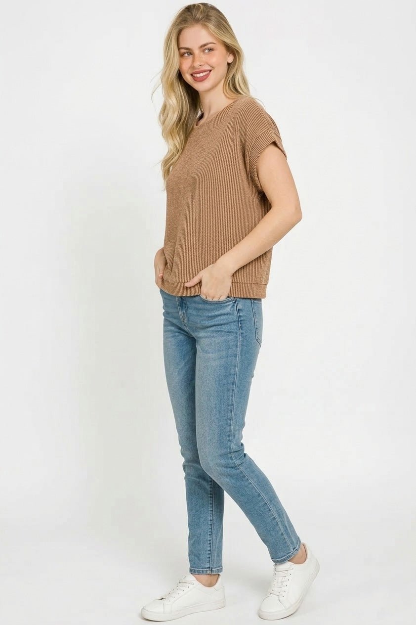 Brown Raised Rib Cap Sleeve Knit Top by Zenana