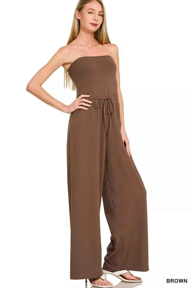 Brown Tube Top Jumpsuit with Drawstring Waist by Zenana