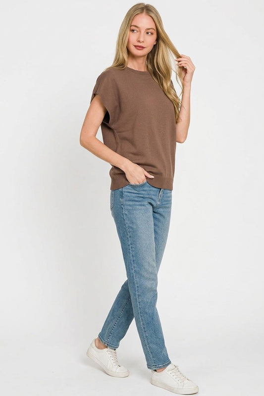 Brown Viscose Round-Neck Short Sleeve Sweater by Zenana Side View