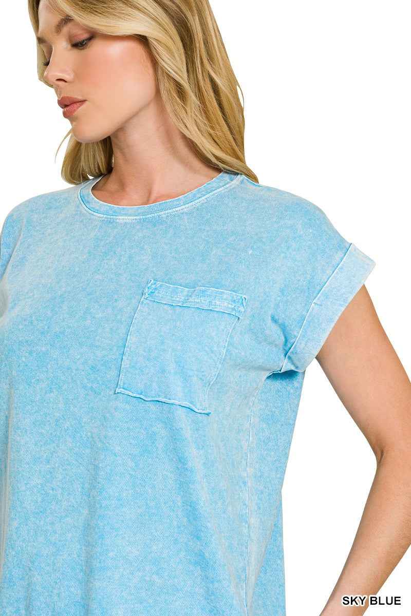Sky Blue Snow Washed Cuffed Sleeve Tee by Zenana