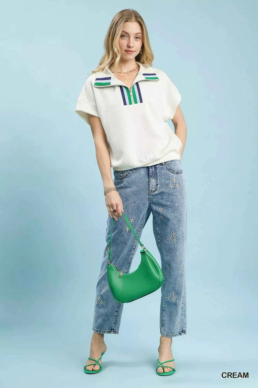 Cream Striped Collared Neck Half-Zip Top by Umgee