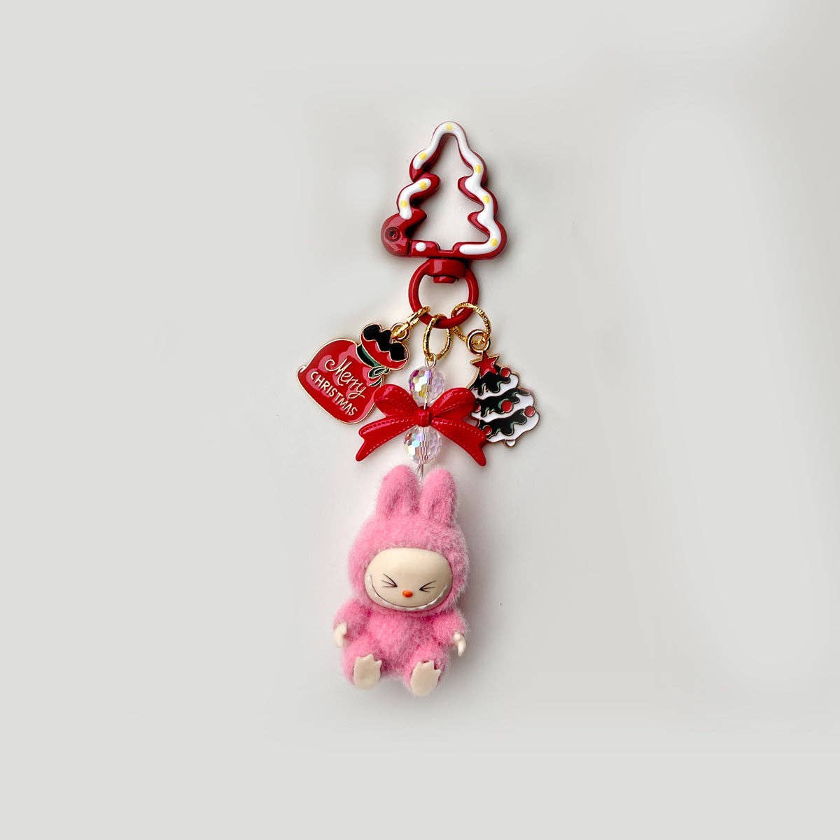 Christmas flocking mini Labubu keychain bag pendant: Pink