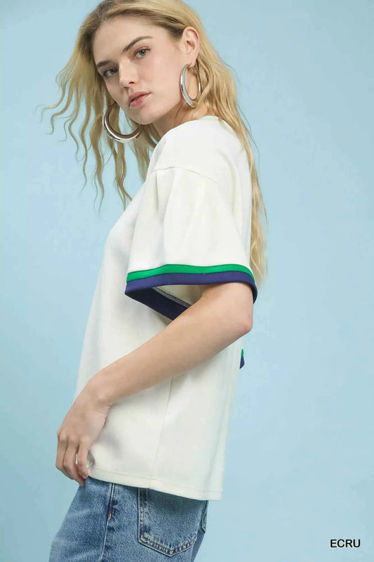 Ecru Contrast Trim Bell Sleeve Top by Umgee