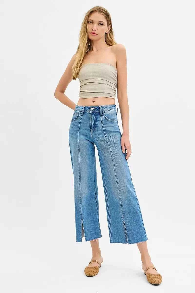 Full Size Mid Rise Fit Wide Leg with Pleated Detail Jeans Includes Plus Sizes