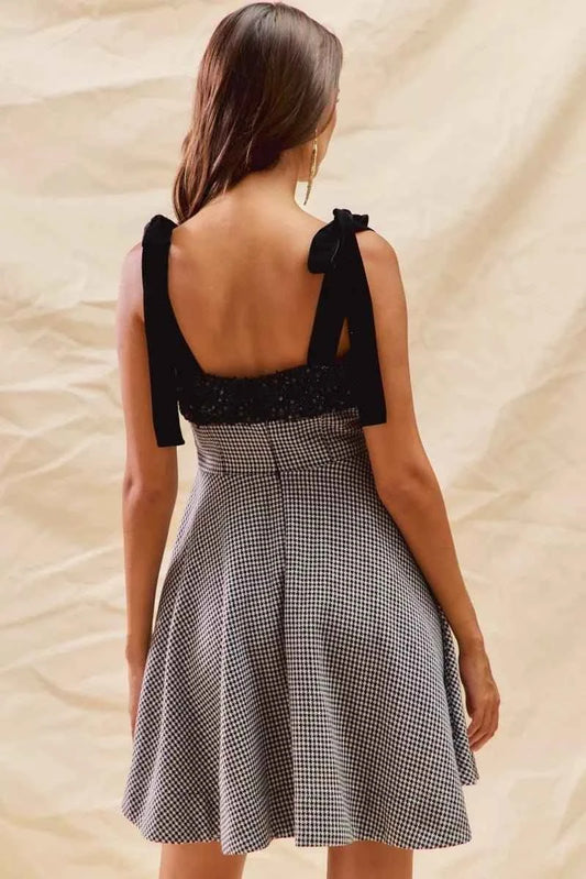 Houndstooth Fit Flare Mini Dress with Shoulder Tie