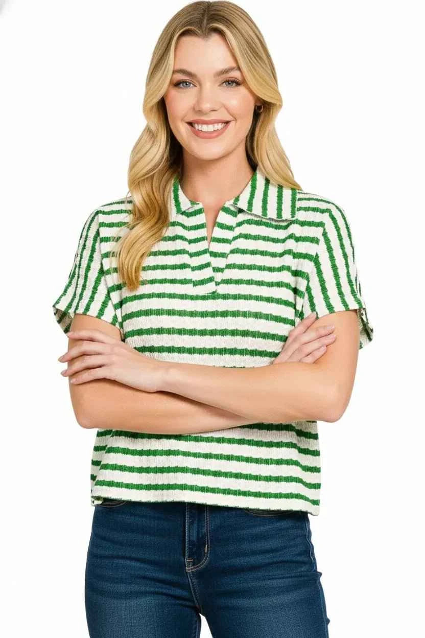 Kelly Green Striped Split Neck Collared Top by Zenana