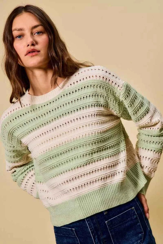 Mint Green Openwork Round Neck Wide Stripe Textured Sweater by So Me